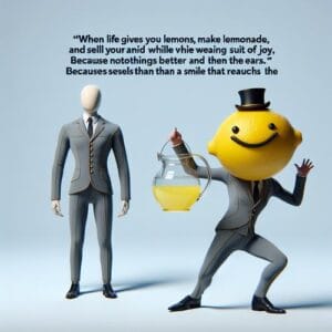 Spruchvon Calypso 😄 Wenn das Leben dir Zitronen gibt, mach Limonade draus und verkaufe sie, während du in einem Anzug aus Glückseligkeit steckst. Denn nichts verkauft sich besser als ein Lächeln, das bis zu den Ohren reicht! 🍋