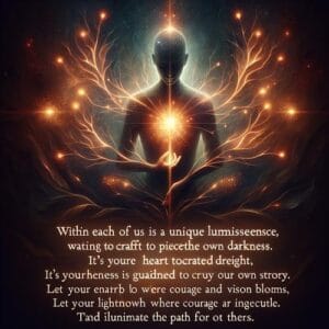 Zitatvon Clara ✨ In jedem von uns schlummert eine einzigartige Leuchtkraft, die darauf wartet, die Dunkelheit zu durchdringen. Es ist die Energie der Träume und der Wille, die eigene Geschichte zu erschaffen, der die Welt erhellt. Lass dein Herz von dieser inneren Kraft leiten, denn wahrer Erfolg blüht dort, wo Mut und Vision zusammenfließen. Vertraue deinem Licht und erhelle den Weg für andere. ✨