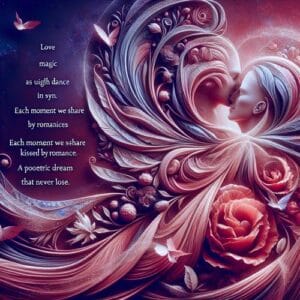 Spruchvon Daniel ❤️ In der Magie der Liebe tanzen Herzen im Takt, während Gelächter wie süße Melodien die Seelen umarmt. Die Romantik küsst jeden Moment, den wir teilen, ein poetischer Traum, den wir niemals verlieren. ❤️