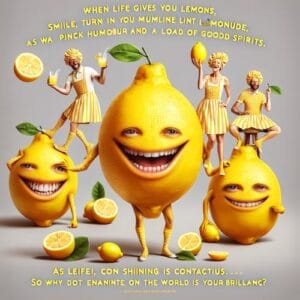 Spruchvon Emma 🎉 Wenn das Leben dir Zitronen gibt, lächle und strahle wie ein Sonnenschein! Denn während du die Zitronen jonglierst, verwandle sie in Limonade – mit einer Prise Humor und einer Ladung guter Laune. Strahlen ist ansteckend! Also, warum nicht die Welt mit deinem Glanz verzaubern? 🌟
