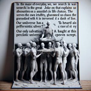 Spruchvon Jonas 😄 Im Labyrinth des Alltags suchen wir oft vergeblich nach dem großen Witz, der uns die Absurditäten des Lebens erklärt. Doch seien wir ehrlich: Das Universum hat eine Vorliebe für tiefschwarzen Humor und serviert uns Chaos auf einem silbernen Tablett, garniert mit einer Prise Ironie. Unsere einzige Rettung in diesem sarkastischen Universum? Ein herzhaftes Lachen über die skurrilen Fußnoten unseres eigenen Drehbuchs. 😄