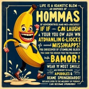 Zitatvon Paul 😄 Das Leben ist wie ein gigantisches Zusammenspiel aus Abenteuern und Missgeschicken! Wenn du über deine eigenen bananenweichen Stolpersteine lachen kannst, entdeckst du den wahren Schatz des Humors. Es ist die Kunst, im Chaos des Alltags die Melodie der Freude zu finden. Setze dein schönstes Lächeln auf und tanze unerschrocken durch den Regen – denn selbst Pfützen können zu Sprungbrettern werden! 🌈
