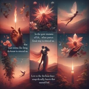 Zitatvon Sophie 💖 In den stillen Momenten des Lebens, wenn Hoffnung wie ein flüchtiger Stern scheint, findet die Leidenschaft ihren Weg, uns zu erinnern: Liebe ist die Flamme, die Dunkelheit erhellt und die Herzen, die verloren schienen, auf wundersame Weise wieder zusammenführt. 💖