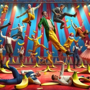 Spruchvon Zara 😂 Im Zirkus des Lebens jonglieren wir alle mit Bananenschalen, und während einige kunstvoll elegant ausgleiten, machen andere einen spektakulären Salto ins Chaos. Doch keine Sorge, der Clown in uns applaudiert immer. Schließlich ist jeder Tag eine Gratisvorstellung im Theater der Absurditäten. 🎭