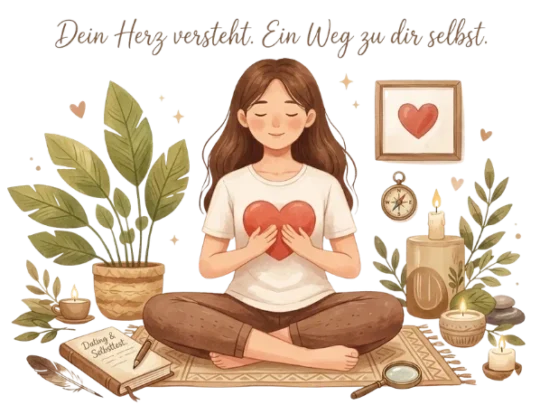 Achtsam_daten Illustrierte Frau in Meditation mit Herz in den Händen, umgeben von Pflanzen und Kerzen für achtsames Dating und Selbstreflexion
