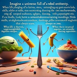 Zitatvon Cassius 😄 In einem Universum voller Messer ist die Gabel der lustige Rebell, der den Salat im Würgegriff hält und beim Spaghetti-Tanz den ultimativen Macarena-Schritt beherrscht. Wenn das Leben also mit unerreichbaren Nudeln wirft, sei die Gabel mit dem Lächeln! 🤪