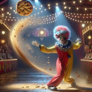 🎪 Ein Clown tanzt, während ein Keks entfällt. Funkeln fliegt, die Schwerkraft greift, aber Lachen siegt. Verwirf die Sorgen, freue dich des Lebens Freud! 🍪