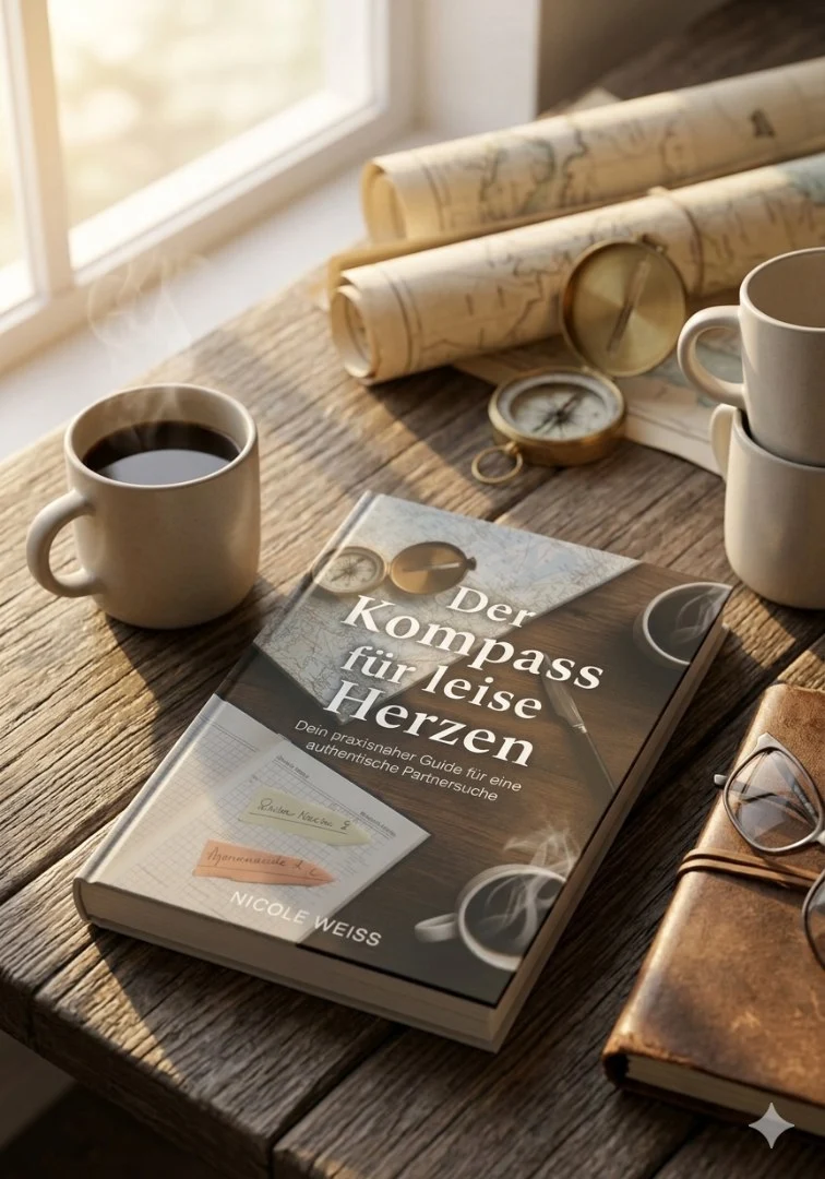 Klarheit finden beim Dating: Der Kompass für leise Herzen Buchcover „Der Kompass für leise Herzen“ von Nicole Weiss. Ein Ratgeber-Design in sanften Pastelltönen mit einem minimalistischen Kompass-Symbol.